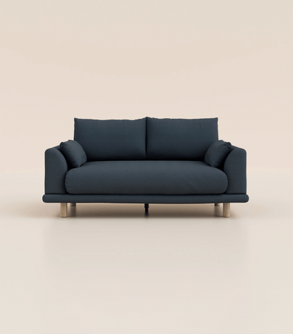 Canapé Bleu Profond-2 places-Pieds ronds - Bois clair