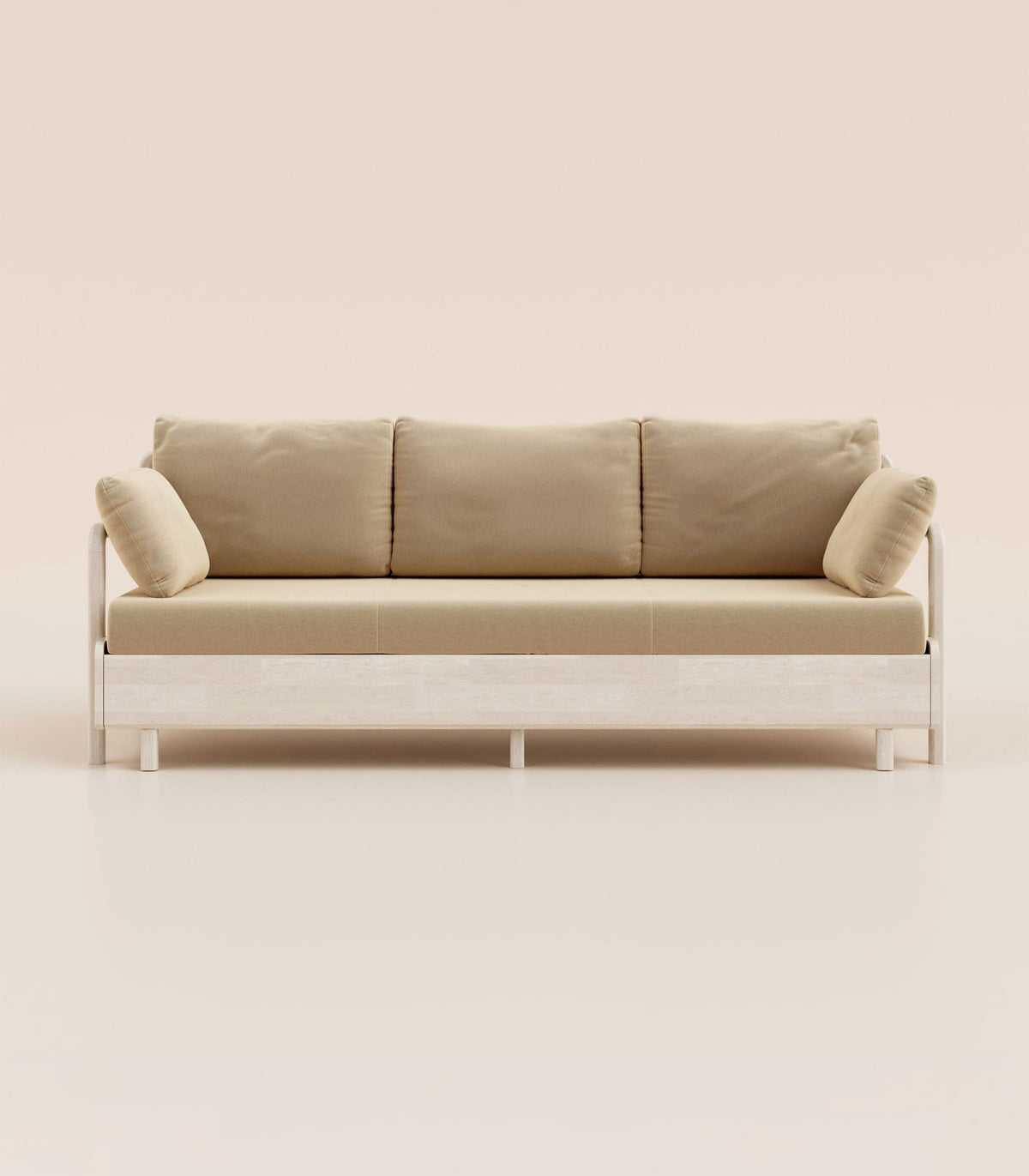 Canapé-lit Tissu Beige-Bois clair-Accoudoirs en bois