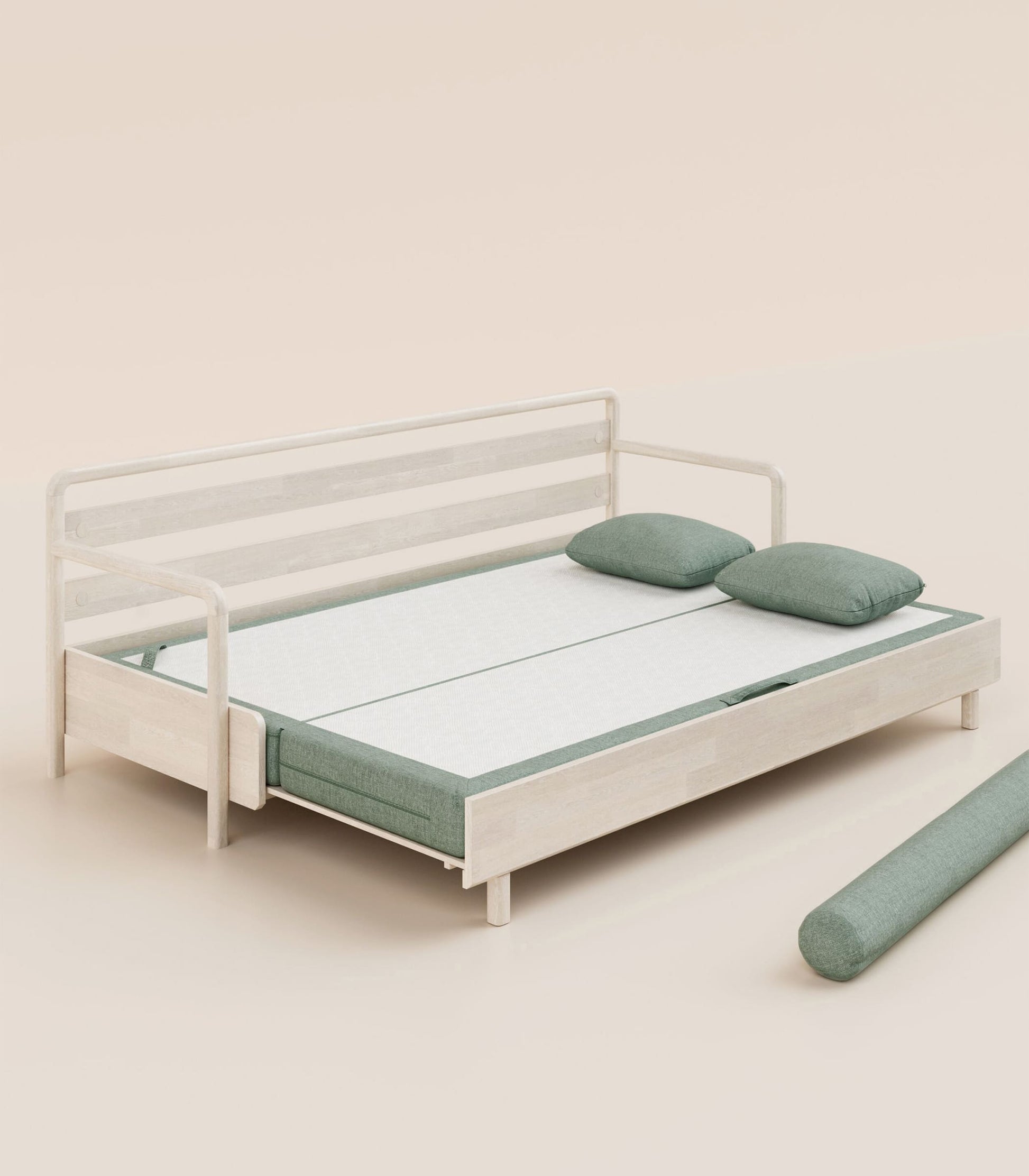Canapé-lit Tissu Vert sauge-Bois clair-Accoudoirs en bois