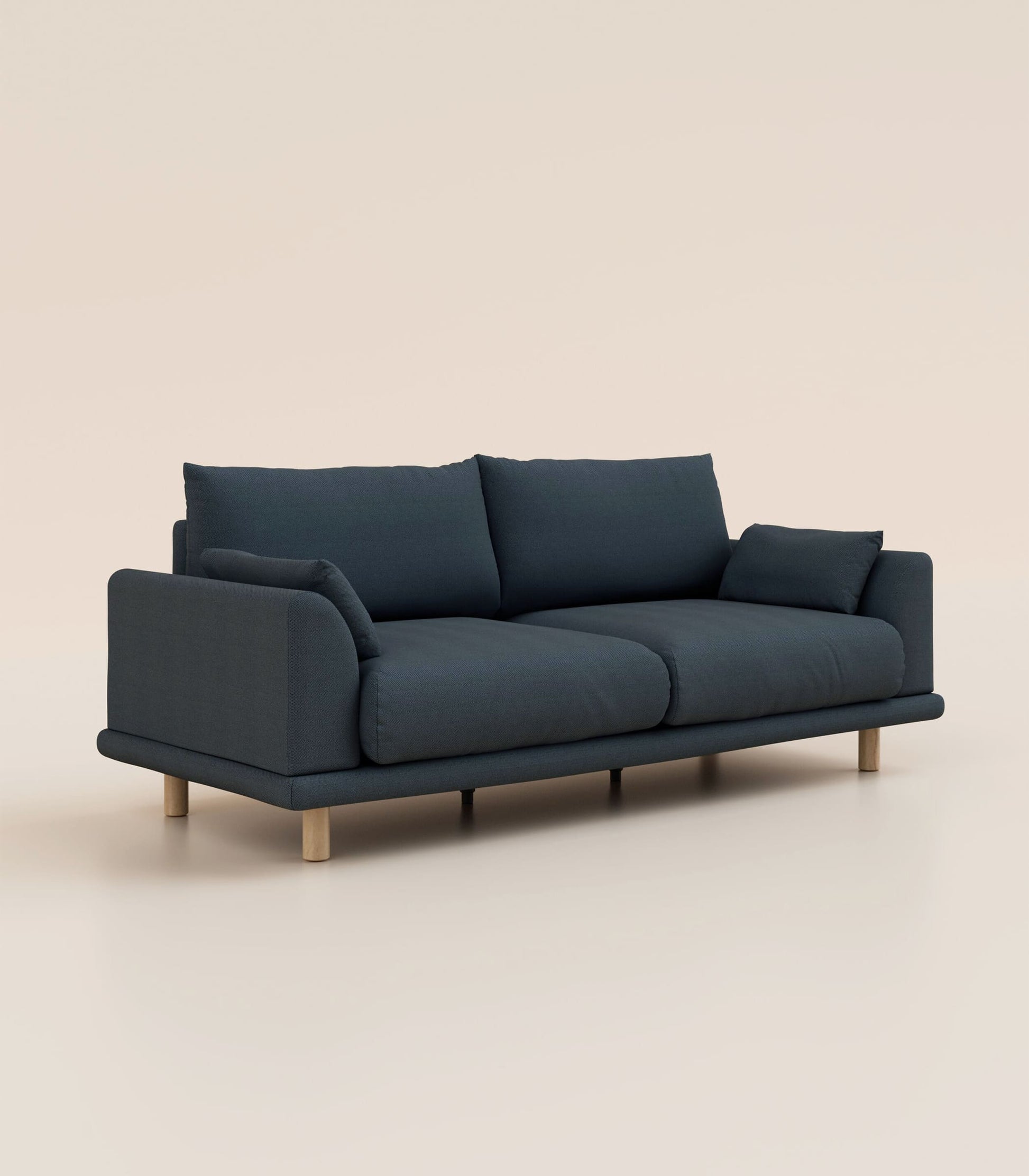 Canapé Bleu Profond-4 places-Pieds ronds - Bois clair