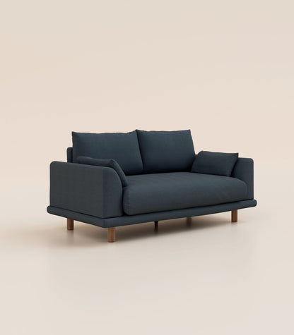 Canapé Bleu Profond-2 places-Pieds ronds - Bois foncé
