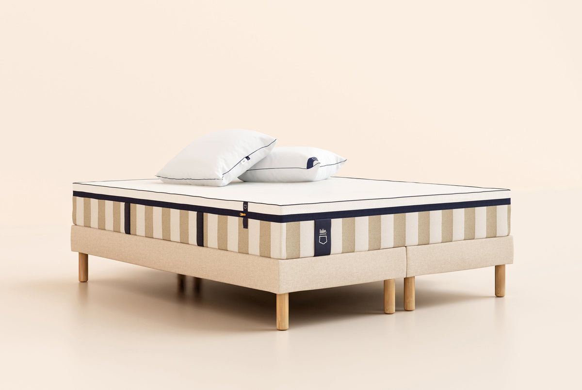 #fr#Matelas Hybride|Hybride|Sommier tapissier|Beige|Bibloc|Pieds Hêtre clair|Plus